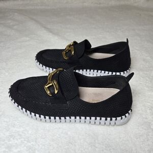 Ilse Jacobson Tulip Bit Buckle Flat Slip-on Microfiber Shoes Black Women's Sz 37